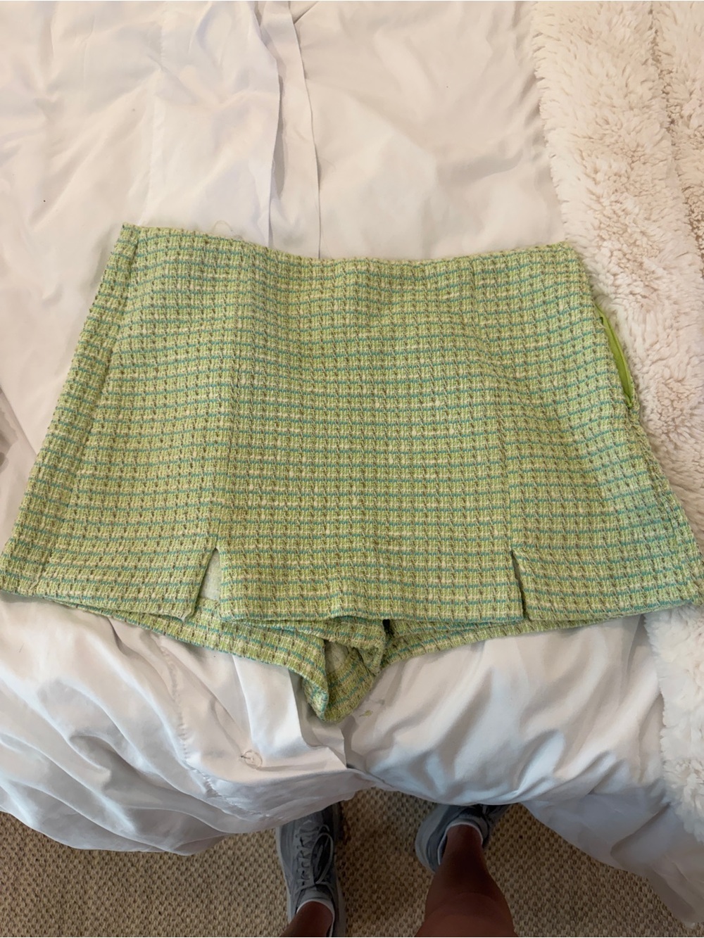 Zara Green Tweed Skort-Style Shorts